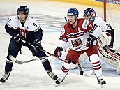 David Pastr�ák cloní p�ed brankou v utkání juniorského MS proti Slovensku.