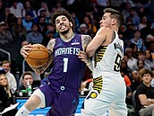 LaMelo Ball (1) z Charlotte Hornets se dere ke ko�i Indiana Pacers, brání ho T....