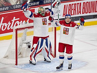 �eský branká� Michal Or�ulák a obránce Jakub Fibigr slaví postup do finále MS...