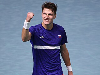 Jakub Men�ík slaví výhru ve �tvrtfinále Davis Cupu proti �pan�lsku.