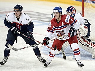 David Pastr�ák cloní p�ed brankou v utkání juniorského MS proti Slovensku.