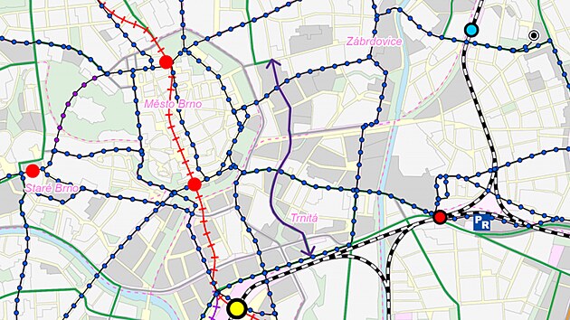 Brn�nsk� t��da v n�vrhu �zemn�ho pl�nu. Tato magistr�la byla pl�nov�na od 60. let 20. stolet� a m�la v�st dopravu vnit�kem m�sta, Brno se od n� v�ak rozhodlo ustoupit.