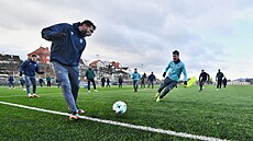 Daniel Truba� p�ihrává mí� p�ed Luká�em Mare�kem b�hem zimní p�ípravy Teplic.