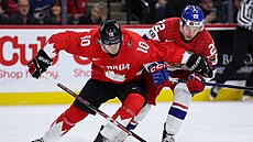 Kanadský obránce Cameron Reid (10) v klin�i s �eským úto�níkem Adamem...