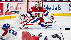 �eský branká� Michal Or�ulák se rychle p�esouvá proti letícímu kotou�i.