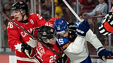 Kanadský úto�ník Caleb Desnoyers (25) bere do kravaty slovenského forvarda...