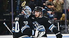 Karel Vejmelka p�ijímá po zápase gratulace od obránce Seana Durziho.