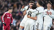 Fotbalisté Fulhamu se radují z gólu do sít� Liverpoolu.