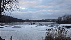 Vytahování t�í lidí, kte�í propadli ledem na Tury�ském rybníce u Kamenných...