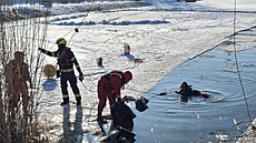 Hasi�i vytahovali traktor z rybníka u Dobru�ky. (8. ledna 2026)