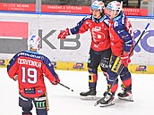 Pardubi�tí hokejisté se radují z gólu, který vst�elil Miguel Tourigny.