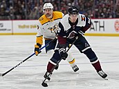 Martin Ne�as z Colorada vede puk, zezadu ho sleduje Filip Forsberg z Nashvillu.
