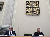 Premiér a p�edseda ANO Andrej Babi� s vicepremiérem Karlem Havlí�kem p�i...