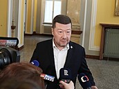 P�edseda Sn�movny a SPD Tomio Okamura po jednání koali�ní rady (12. ledna 2026)