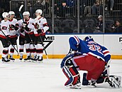 Hokejisté Ottawa Senators slaví gól v zápase s New York Rangers, poko�eným je...