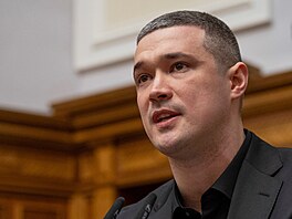 Nov� jmenovaný ministr obrany Mychajlo Fedorov promlouvá k zákonodárc�m b�hem...