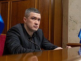 Nov� jmenovaný ministr obrany Mychajlo Fedorov promlouvá k zákonodárc�m b�hem...