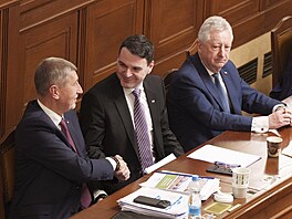 Sch�ze Poslanecké sn�movny. Na snímku premiér Andrej Babi� (ANO) a Petr Macinka...