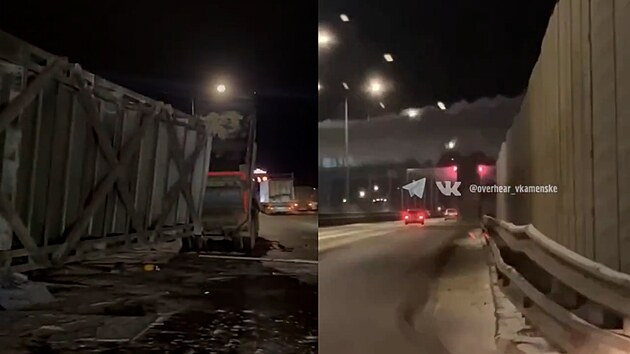 Nákladní v�z se zdvi�enou korbou strhl lávku na dálnici M-4 Don