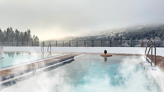 V�plavov� baz�n s v�hledem na poho�� Kr�lick�ho Sn�n�ku.