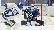 Vítkovický gólman Dominik Hrachovina zasahuje v utkání s Kladnem.
