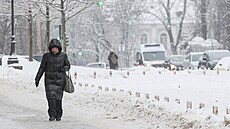 �ena krá�í po zasn�ené ulici v mrazivém zimním ránu v Kyjev�. (15. ledna 2026)