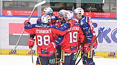 Pardubi�tí hokejisté se radují z gólu.