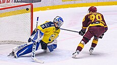 Jihlavský úto�ník Tomá� �achotský p�ekonává v rozhodujícím nájezdu branká�e...