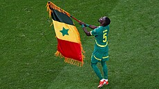 Senegalský zálo�ník Idrissa Gueye slaví s vlajkou vít�zství na africkém poháru.
