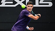 Jakub Men�ík hraje forhend ve finále turnaje v Aucklandu.