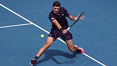 Jakub Men�ík si jde pro bekhend v semifinále turnaje v Aucklandu.