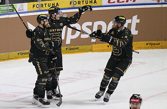 Spar�an�tí hokejisté se radují z gólu proti Olomouci.