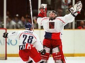 Dominik Ha�ek slaví s Martinem Strakou poté, co Kanad� chytil rozhodující...