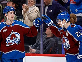 Nathan MacKinnon (29) a Martin Ne�as (88) z Colorado Avalanche oslavují.