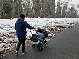 Koryto Otavy v Su�ici je plné rozlámaných ledových ker. Ledová podívaná je...