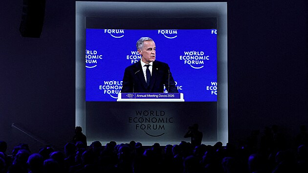 Kanadsk� premi�r Mark Carney p�i projevu na Sv�tov�m ekonomick�m f�ru v Davosu. (20. ledna 2026)