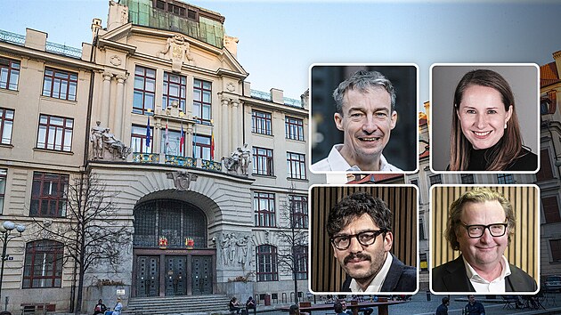 Za�al boj o prim�tora. Ve v��ezech zleva naho�e Tom� Portl�k (ODS), Tereza Nislerov� (Pir�ti), Adam Scheinherr (Praha sob�) a Petr Hlav��ek (STAN).