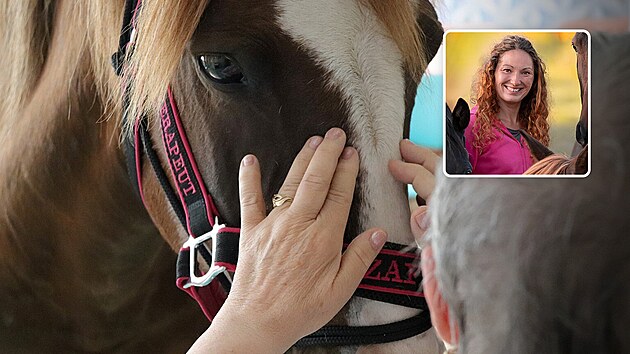 Seniorka hladí kon� p�i hipoterapii. Na malém snímku psycholo�ka Klára...