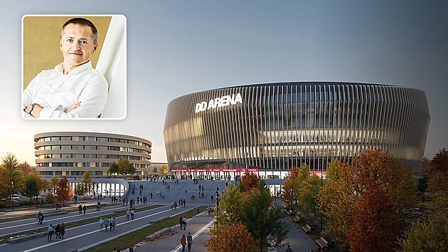 DD Arena. Vizualizace pardubick� hokejov� a multifunk�n� haly, kter� m� pojmout 22 tis�c div�k�. Vyroste v lokalit� Nov� Cihelna. Bude v�jime�n� i ve sv�tov�m m���tku. Na mal�m sn�mku majitel Dynama Pardubice Petr D�dek.