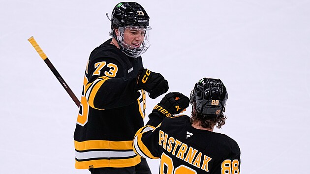 Charlie McAvoy se raduje s Davidem Pastr��kem z branky Bostonu.