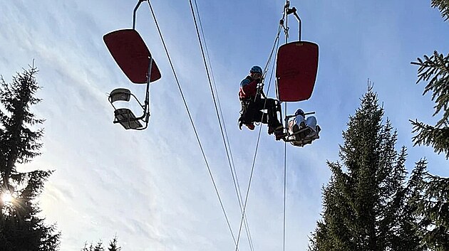 Matka s dcerou z�staly uv�zn�n� v asi p�timetrov� v��ce. Na zem je za p�r minut dostali z�chran��i Horsk� slu�by �umava. (24. ledna 2026)