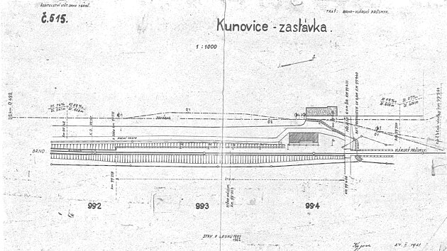 Pl�nek zast�vky Kunovice zast. v�etn� koleji�t� Star�ho z�vodu z roku 1961