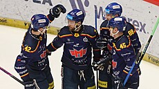 Hrá�i �eských Bud�jovic slaví gól proti T�inci.