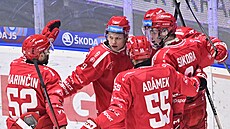 Mat�j Kubiesa slaví se spoluhrá�i vyrovnávací gól na 1:1 ve 39. minut� utkání...