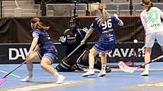 Vítkovická branká�ka Nikola P�íleská sleduje mí�ek letící kolem její branky.