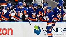 Ond�ej Palát (81) slaví sv�j gól se spoluhrá�i s New York Islanders.
