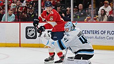 Floridský úto�ník Anton Lundell se sna�í te�ovat puk p�ed Vítkem Van��kem,...