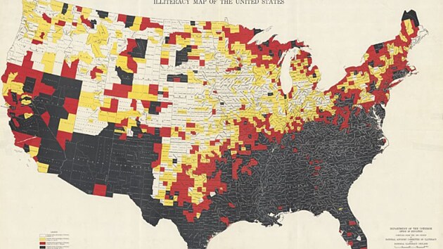 Mapa negramotnosti v USA v roce 1930, nejv�t�� probl�my byly na jihu zem�.