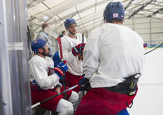 David Pastr�ák diskutuje se svými spoluhrá�i z jedné formace Tomá�em Hertlem a...