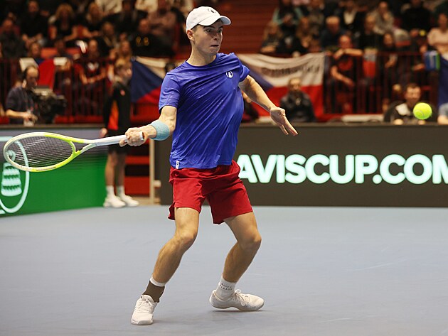 Dalibor Svr�ina hraje forhend p�i daviscupov�m utk�n� se �v�dskem.